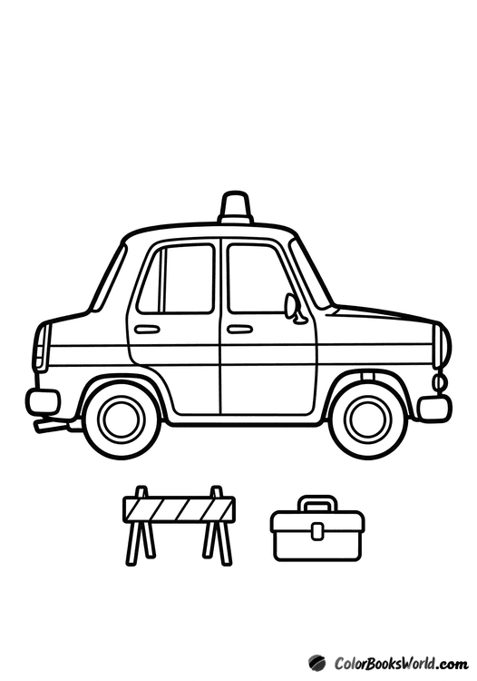 Cartoon side view of a gendarmerie-style police car with a road barrier and a toolbox.