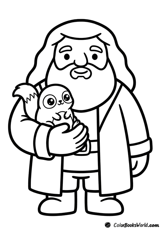 A gentle giant holds a small, round magical creature carefully in his hands.