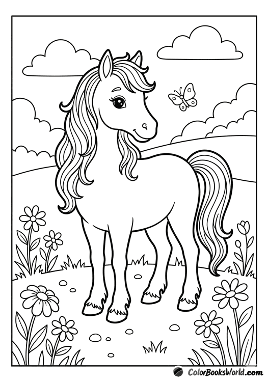 A gentle horse stands in a wildflower meadow with hills, clouds, and a butterfly.