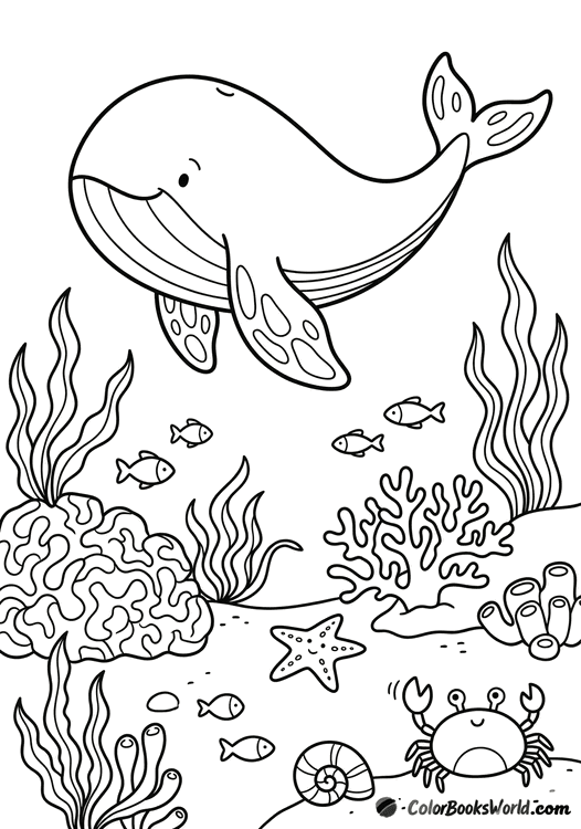 A friendly whale glides above a coral reef with starfish, seaweed, and a waving crab.