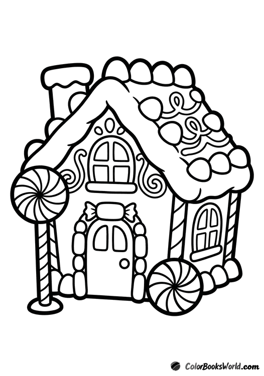 Gingerbread house with a candy cane lamppost and a round peppermint candy by the door.
