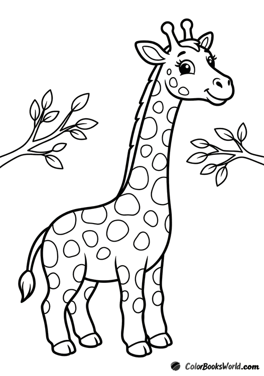 A friendly cartoon giraffe stretches its long neck between two simple acacia branches.