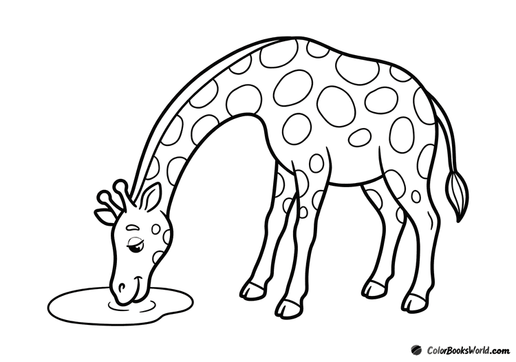 A friendly cartoon giraffe bends its long neck to drink from a small puddle.