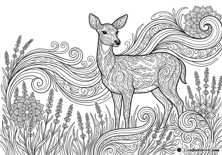 A doe stands among stylized lavender and tall grasses, surrounded by flowing wind-line motifs.