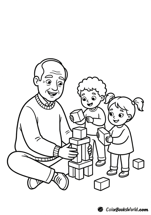 A grandfather sits on the floor building a block tower with two grandchildren.