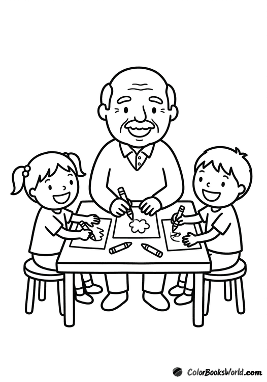 A smiling grandfather and two children sit at a table, drawing and coloring with crayons on paper.