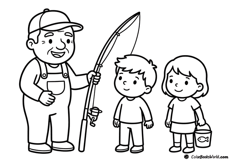 A grandfather holds a fishing rod while two grandchildren stand nearby, one holding a small bucket.