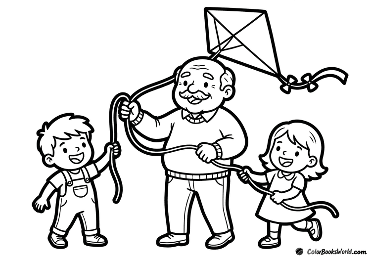 A grandfather holds a kite string with two grandchildren as the kite flies overhead.