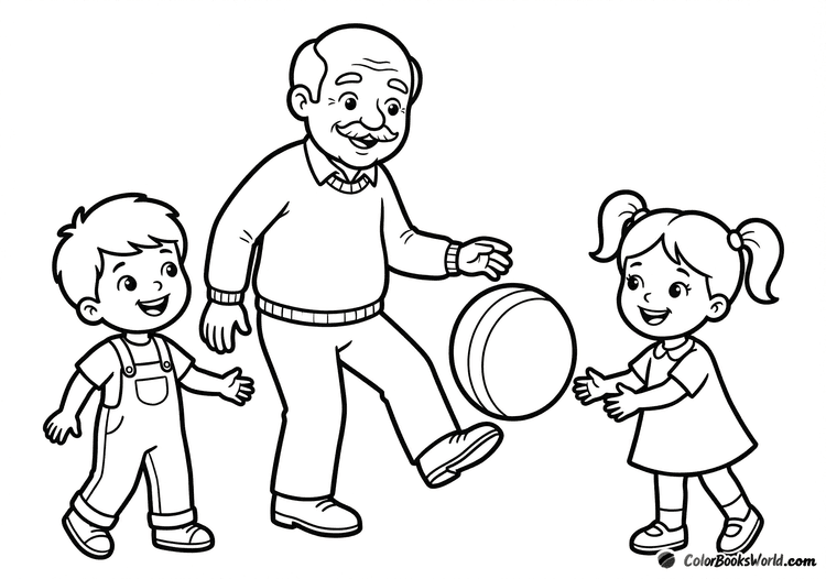 A smiling grandfather kicks a large ball toward his two grandchildren as they play together.