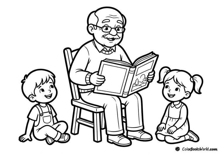 A grandfather sits on a chair reading a large open book to two children on the floor.