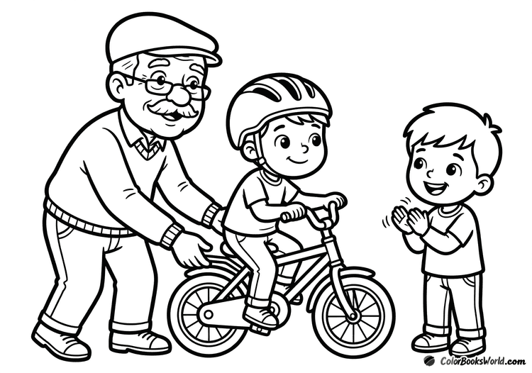 A grandfather steadies a small bicycle as a child learns to ride, while another child claps nearby.