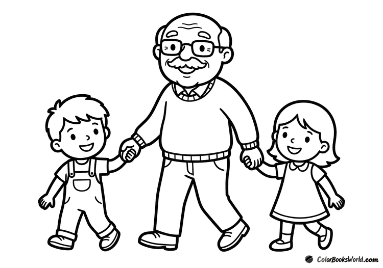 A smiling grandfather walks hand in hand with two grandchildren on a family stroll.