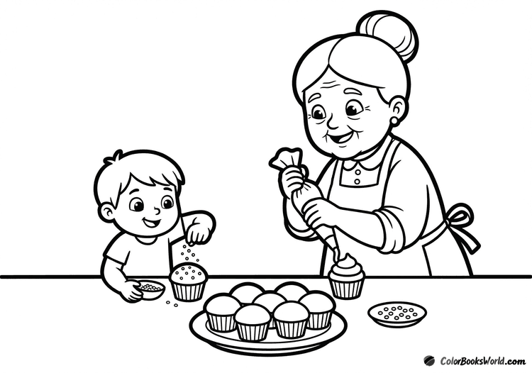 Grandmother and grandchild decorate cupcakes with a piping bag and sprinkles at a table.