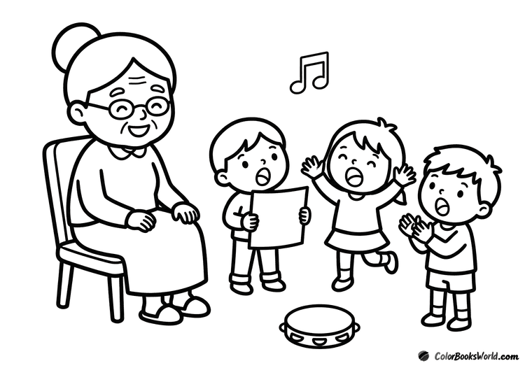 Three grandchildren sing to their seated grandmother, with a tambourine and sheet music nearby.