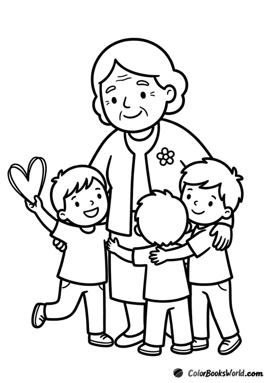 A grandmother hugs three smiling grandchildren, while one child holds a handmade heart.
