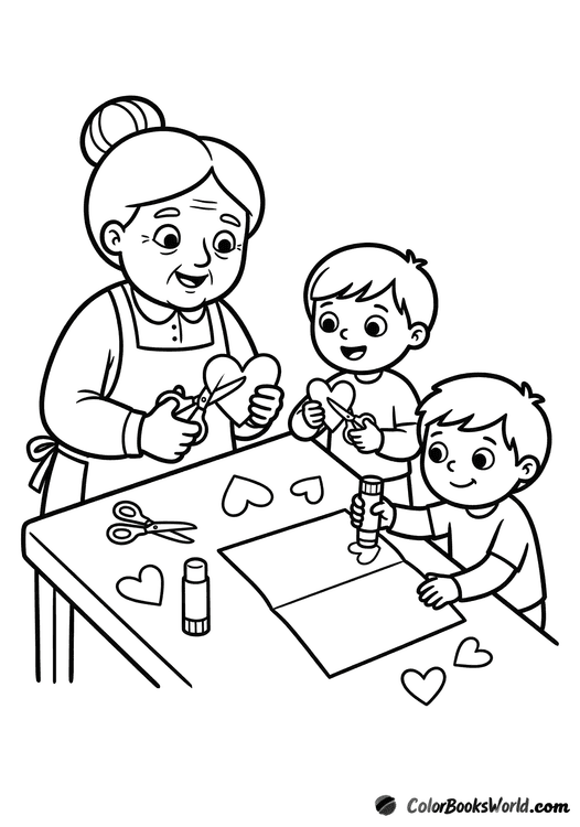 Grandmother and two grandchildren sit at a table, cutting paper hearts and gluing them onto a large card.