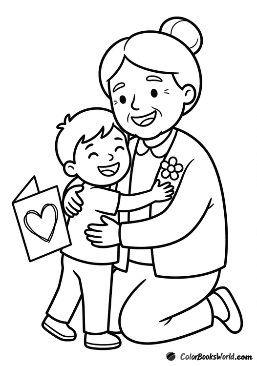 A grandmother kneels and hugs a smiling grandchild holding a handmade heart card.