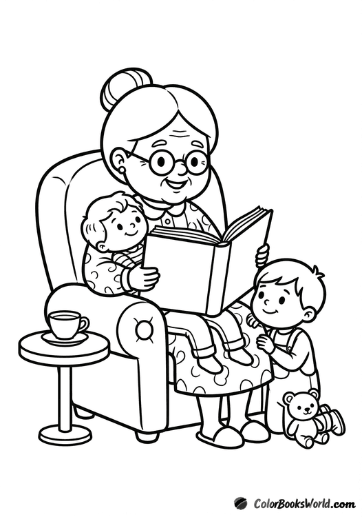 Grandmother in an armchair reads a large book to two grandchildren, with a teacup and stuffed toy nearby.