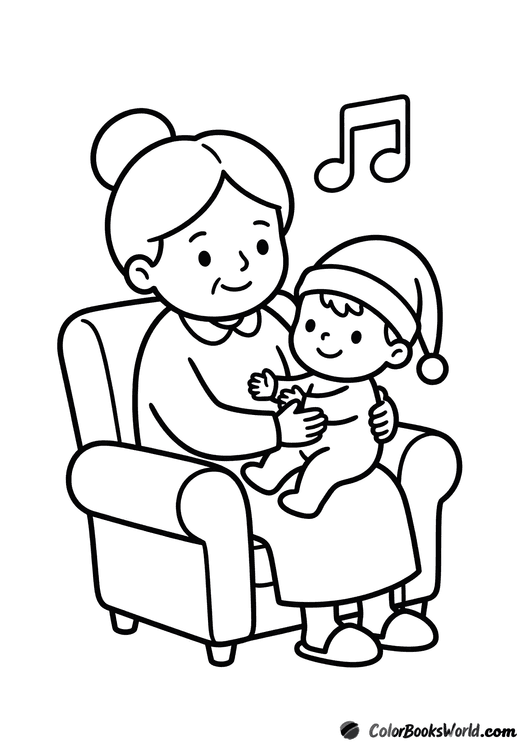 A grandmother rocks a toddler in a nightcap on her knees, with a small music note nearby.