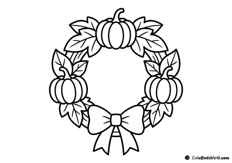 Decorative wreath with three pumpkins, broad leaves, and a bow at the bottom.