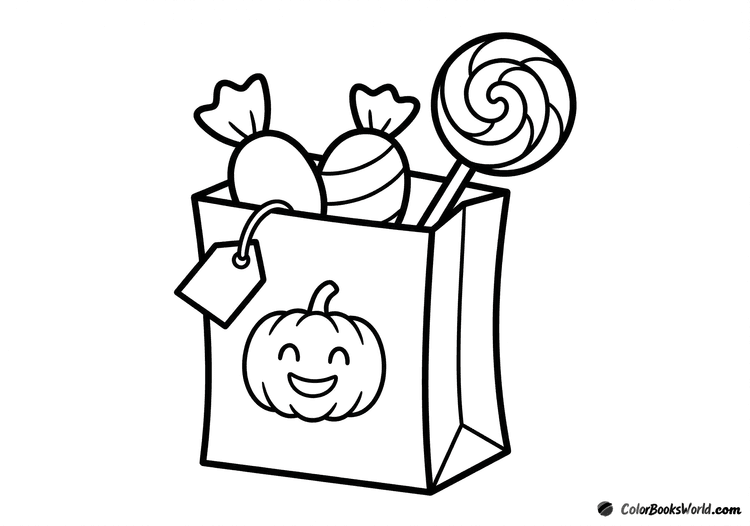 A paper trick-or-treat bag with a pumpkin face, filled with wrapped candies and a swirl lollipop.