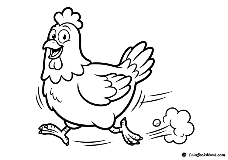A cheerful cartoon hen running with motion lines and a small dust puff beneath her feet.