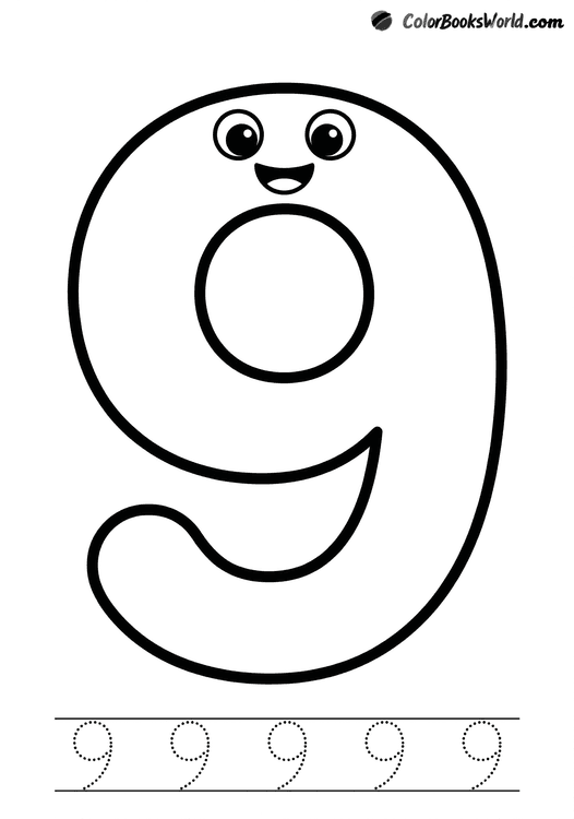 A large number 9 with a smiling face, round eyes, and a wide grin.