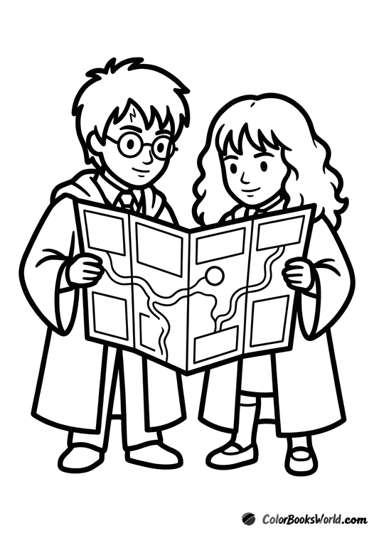 Harry Potter and Hermione Granger stand together, studying a large folded map with a marked spot.