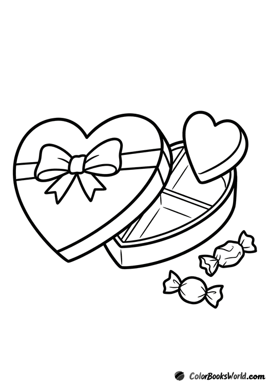 An open heart-shaped chocolate box with a ribbon bow on the lid and two candy wrappers beside it.