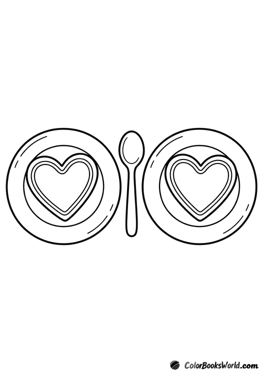 Two heart-shaped cookies on plates with a small spoon placed between them.