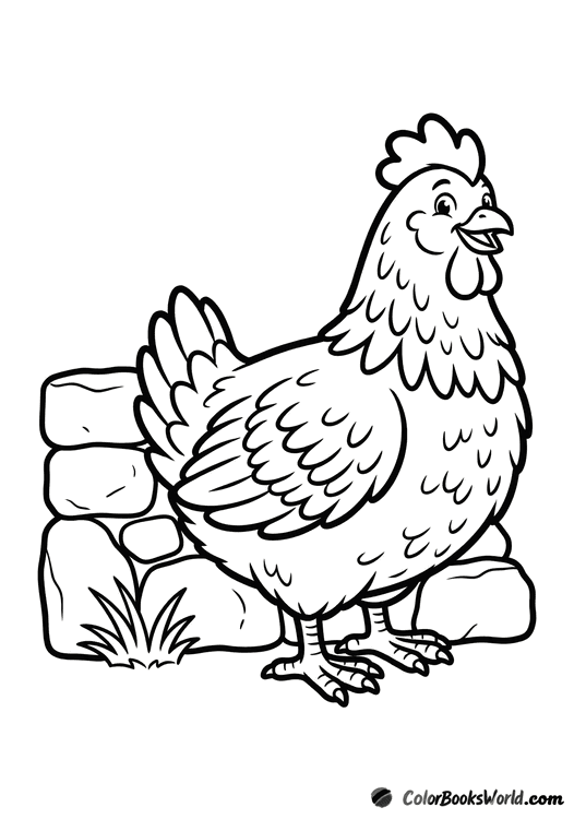 A proud cartoon hen stands beside a low stone wall with a small tuft of grass.