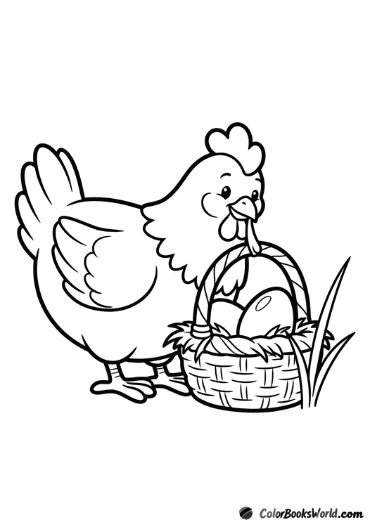 A friendly cartoon hen stands beside a woven basket holding a single egg.
