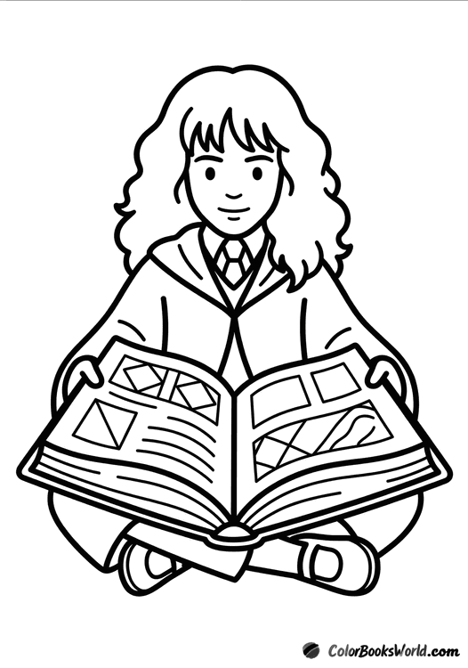 Hermione Granger sits with a large open magic book resting on her lap.