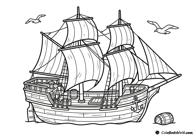 Historic wooden sailing ship with two masts and full sails, seagulls overhead, and a floating barrel.