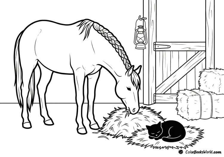 A horse with a braided mane eats hay by a barn door, with a cat and a lantern nearby.