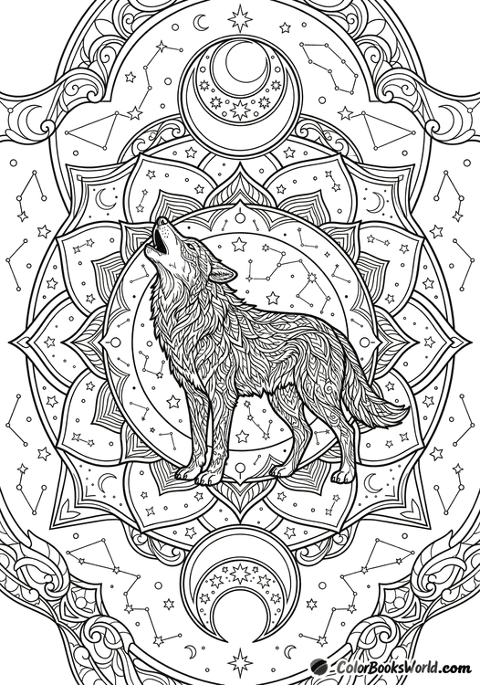 A detailed wolf howling at the moon, surrounded by stars, constellations, and mandala patterns.