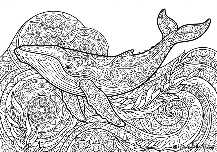 A humpback whale swims through stylized ocean waves with mandala patterns and kelp.