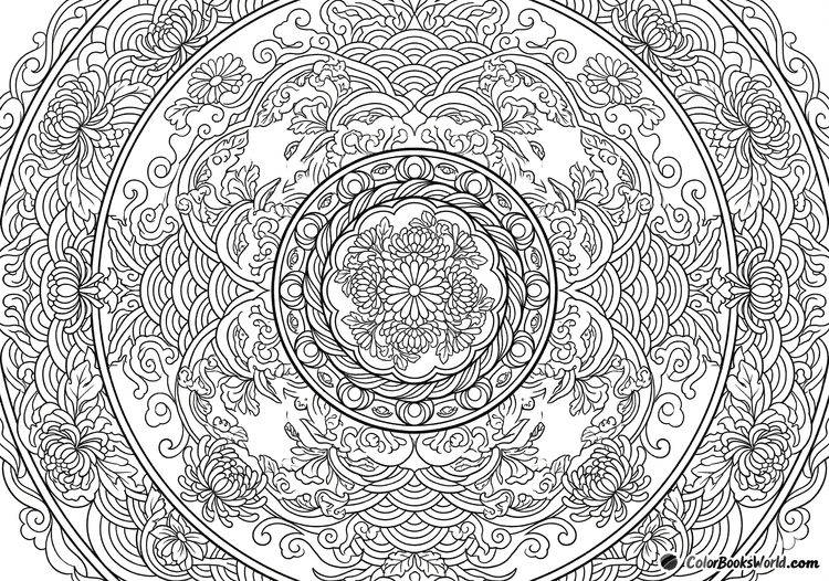 Intricate Japanese mandala with chrysanthemums, Seigaiha waves, and cloud scroll motifs.