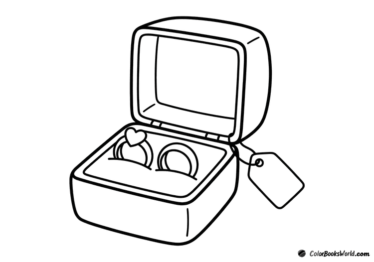 Open jewelry box with two rings, one featuring a heart detail, plus a small gift tag.