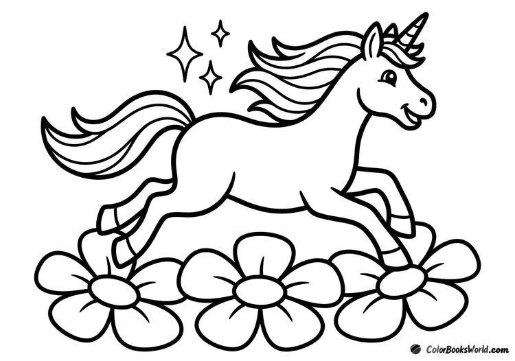 A cheerful cartoon unicorn gallops past three large flowers with floating sparkles.