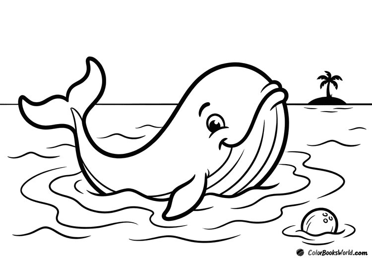 A happy whale arches in the ocean beside a tiny tropical islet with a palm tree and a floating coconut.