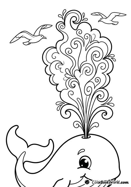 A happy whale blows a tall water spout as two seagulls fly above.
