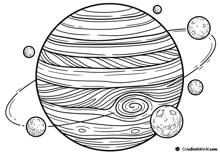 Jupiter with cloud bands, the Great Red Spot, and several moons in orbit.