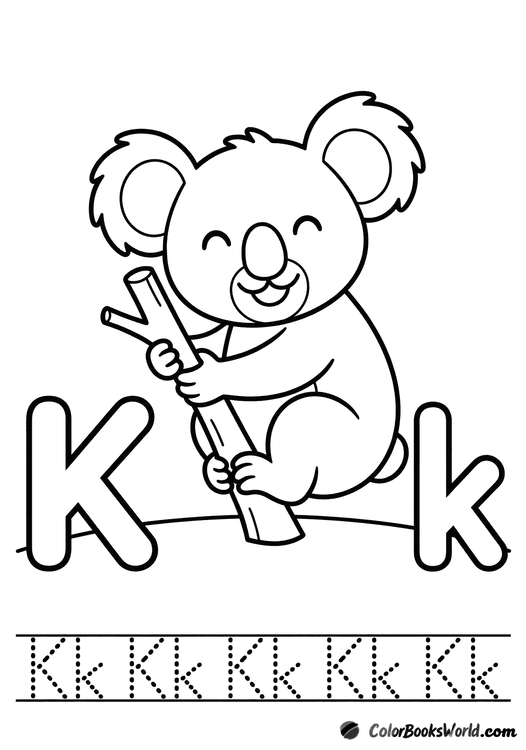 A smiling koala on a branch beside big bubble letters K and k, with a dotted tracing line below.
