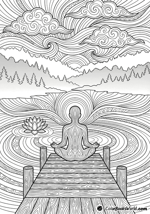 A silhouette of a person meditating on a wooden pier by a lake with ripple patterns and decorative clouds.