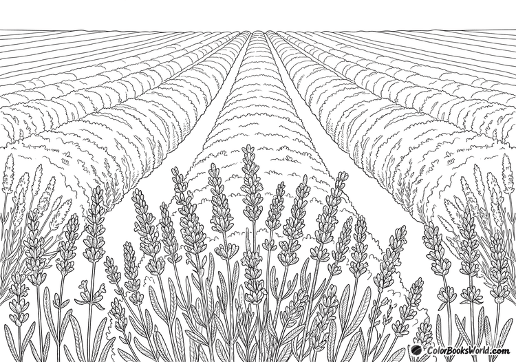 Perspective view of lavender rows repeating into the distance toward the horizon.