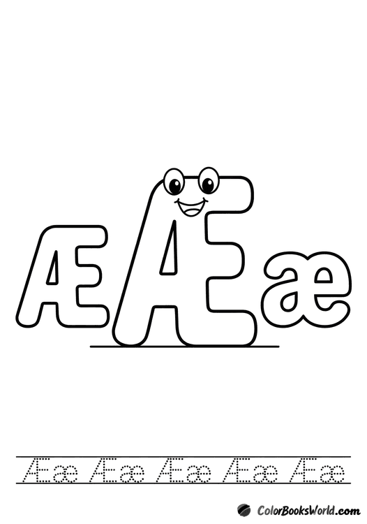 Smiling Æ character between large bubble letters Æ and æ, with a dotted tracing row below.