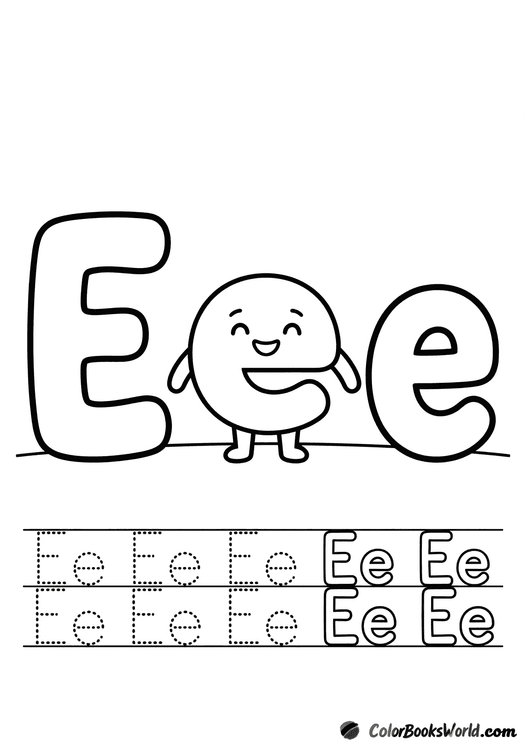 A smiling letter E character between large bubble E and e, with a dotted tracing row below.