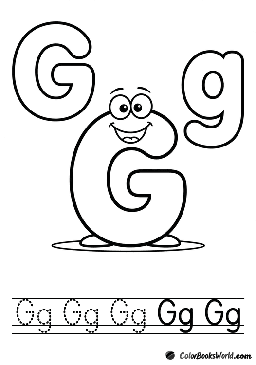 A smiling letter G character between big bubble G and g, with a dotted tracing row below.
