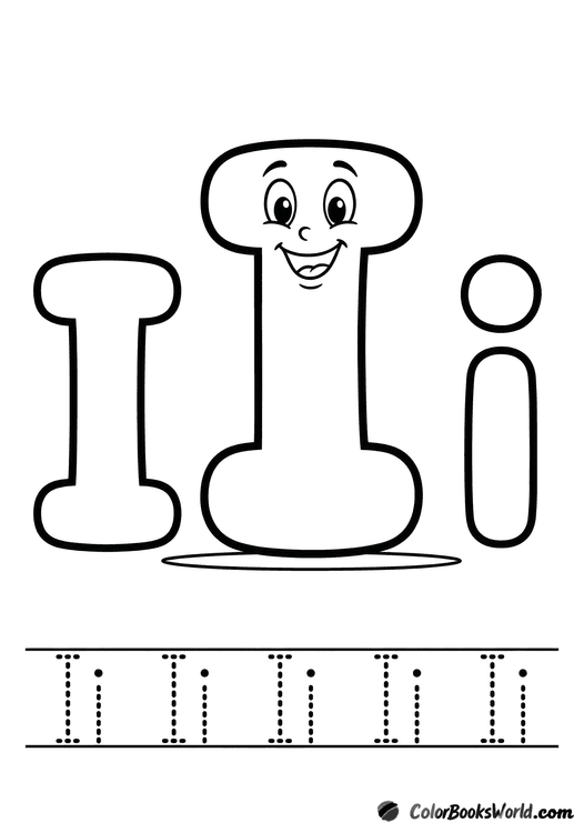 Smiling letter I character between big bubble I and i, with a dotted tracing row below.